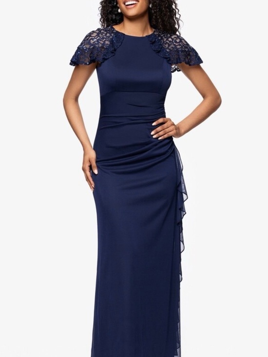 Betsy & Adam Dresses & Skirts - Betsy & Adam Navy Lace-Shoulder Evening Gown